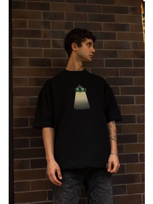 Velmora Fashion Bisiklet Yaka Baskılı Oversize T-Shirt - Siyah -