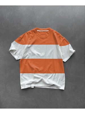 Velmora Fashion Erkek  kısa Kol  Bisiklet Yaka Parçalı T-Shirt - Turuncu
