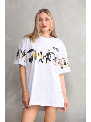 Velmora Fashion Bisiklet Yaka Baskılı Oversize T-Shirt - Beyaz -