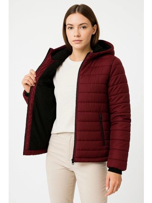 Velmora Fashion Şişme Kapüşonlu Fermuarlı Mont Su Itici Kapitone Astarlı Kumaş Cepli Kışlık Rahat Kalıp - Bordo