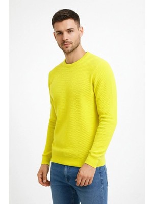 Velmora Fashion Bisiklet Yaka Petekli Dokulu Triko Kazak Pamuklu Ince Dokuma, Uzun Kollu Rahat Regular Kalıp - Sarı