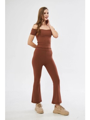 Velmora Fashion Kadın Yüksel Bel Fitilli Ispanyol Paça Tayt - Kahve