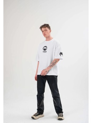 Velmora Fashion Bisiklet Yaka Baskılı Oversize T-Shirt - Beyaz -