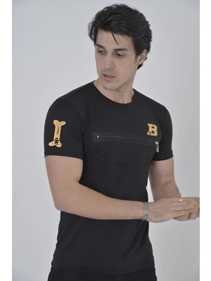 Velmora Fashion Göğüs Fermuarlı Baskılı T-Shirt - Siyah -