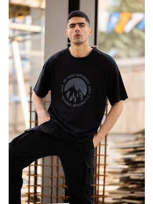 Velmora Fashion Bisiklet Yaka Baskılı Oversize T-Shirt - Siyah -