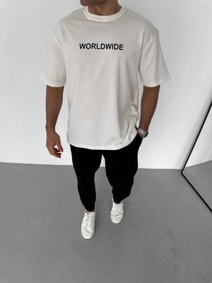 Velmora Fashion Bisiklet Yaka Baskılı Oversize T-Shirt - Beyaz -