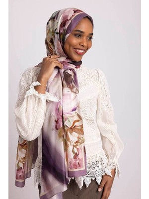 AYSHARA Çiçek Hattı Desenli Tek Taraflı Şal - Leylak Mor