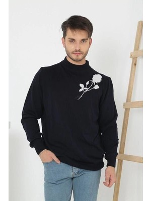 Velmora Fashion Baskılı Yarım Boğazlı Uzun Kol Dokuma Triko - Siyah