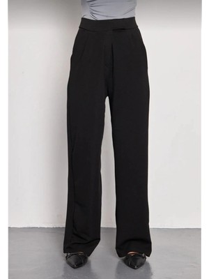 Velmora Fashion Kadin Likralı Cirt Kapama Siyah Palazzo Pantolon - Siyah