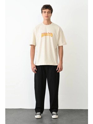 Velmora Fashion Bisiklet Yaka Baskılı Oversize T-Shirt - Beyaz -