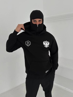 Velmora Fashion Samuray Ninja Çift Kapşonlu Zıp Fermuarlı Kanguru Çepli Tam Fermuarlı Hoodie Ön ve Arka Baskılı Maske Detaylı  Sweatshirt - Siyah