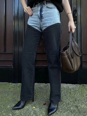 Velmora Fashion Jeans Kot Parçalı Palazzo Pantolon - Siyah -