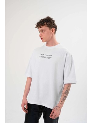 Velmora Fashion Bisiklet Yaka Baskılı Oversize T-Shirt - Beyaz