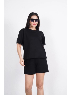 Velmora Fashion Osy Modal Yumuşak Dokulu Kumaş   Bisiklet Yaka T-Shirt Kısa Şort Ikili Takım - Siyah -