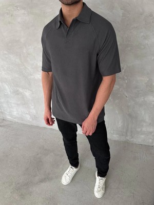Velmora Fashion Yakalı Patlı Kısa Kol T-Shirt - Antrasit -
