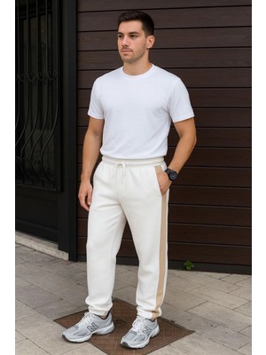 Velmora Fashion Üç Iplik Kışlık Pamuklu Yandan Garneli Kalın Bej Şeritli Cepli Eşofman Altı - Beyaz