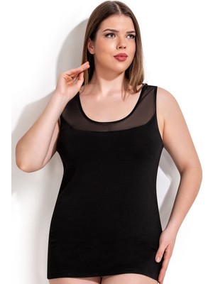 Özkan Underwear Özkan 20575-BB Siyah Kadın Büyük Beden Pamuklu Likralı Tül Detaylı Kalın Askılı Havuz Yaka Atlet