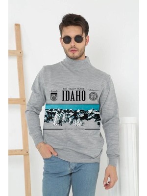 Velmora Fashion Erkek Yarım Bağazlı Kazak Baskılı Dokuma Triko - Gri