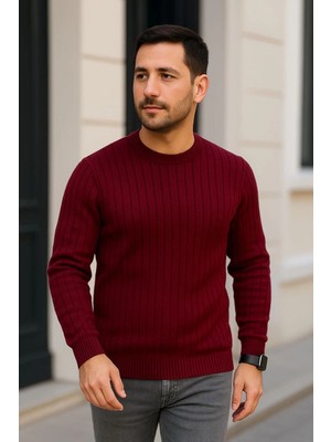 Velmora Fashion Bisiklet Yuvarlak Yaka Triko Kazak Pamuklu Kalın Fitilli Dokuma, Regular Fit Uzun Kollu Kışlık Model - Bordo