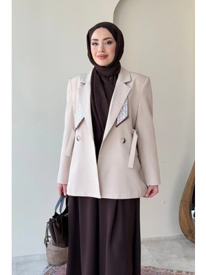 Tesettür Diyarı Kayle Kuşaklı Blazer Tesettür Ceket- Taş Standart (36-42 Beden Uyumlu)