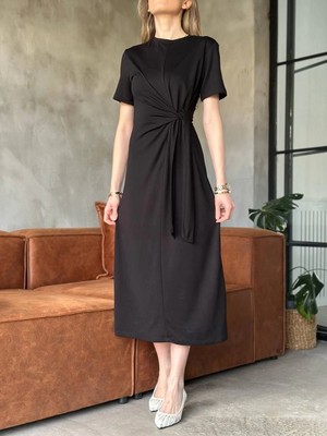 Velmora Fashion Osy Modal Yumuşak Dokulu Kumaş Yandan Bağlamalı Elbise - Siyah -