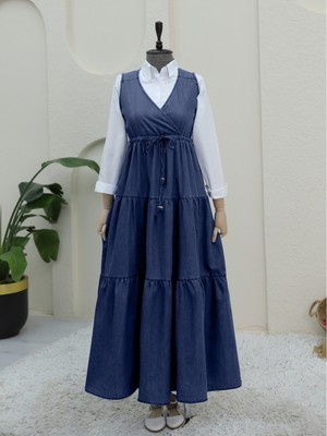 Moda Morfo Tünel Bağcıklı V Yaka Kot Jile -İndigo