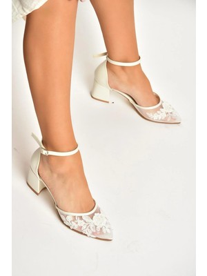 Fox Shoes Y246061509 Sedef Çiçek Motifli Kalın Topuklu Gelin Ayakkabısı