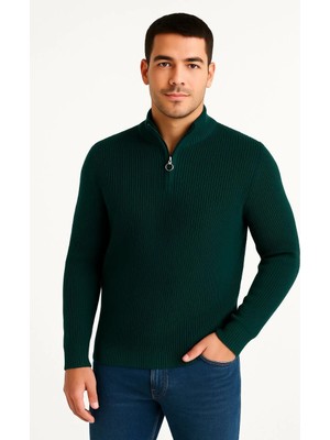 Velmora Fashion Yarım Fermuarlı Triko Kazak - Selanik Örgü, Dik Yaka, Pamuklu Dokuma, Regular Fit Uzun Kollu Kışlık Model - Haki -