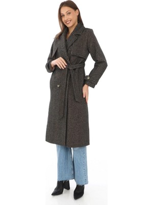 Velmora Fashion Balık Sırtı Kaşmir Uzun Kaşe Kaban - Kahverengi -