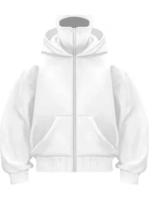 Velmora Fashion Samuray Ninja Çift Kapşonlu Zıp Fermuarlı Kanguru Çepli Tam Fermuarlı Hoodie  Sweatshirt - Beyaz