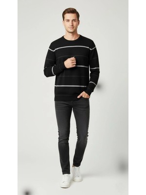 Velmora Fashion Bisiklet Yaka Cizgili Triko Kazak Yumuşak Dokulu Pamuklu Ince Dokuma, Uzun Kollu Rahat Regular Kalıp - Siyah