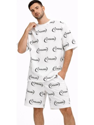 Velmora Fashion Erkek Oversize Ön ve Arka Baskılı Tişört Şort Ikili Takım Kombin - Beyaz