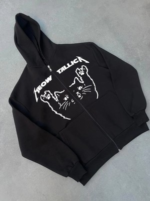 Velmora Fashion Kışlık Baskılı Fermuarlı Kapüşonlu Hırka - Siyah