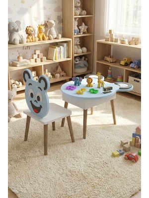 GOLDFALEZ Çocuk Masası & Çocuk Sandalyesi Happy Face Sevimli Figürlü Set Mavi