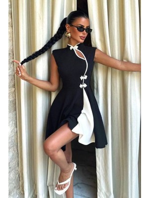 Flamex Kadın Yarım Balıkçı Yaka Pencere Dekolte ve Çift Renk Detay Mini Elbise