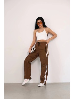 Velmora Fashion Praşut Kumaş Kargo Çeplı Baggy Esofman - Kahve -