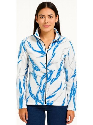 Velmora Fashion Tam Fermuarlı Desenli Polar Sweat Lightning Desen Yakalı, Uzun Kollu, Oversize Rahat Kalıp - Beyaz