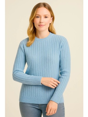 Velmora Fashion Bisiklet Yuvarlak Yaka Triko Kazak Pamuklu Kalın Fitilli Dokuma, Regular Fit Uzun Kollu Kışlık Model - Bebe Mavisi