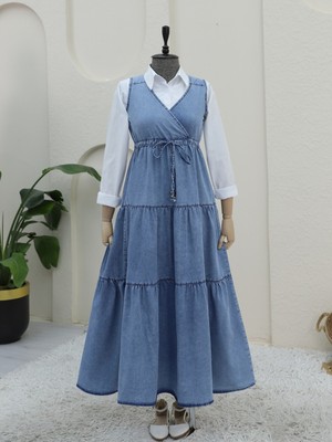 Modamorfo Tünel Bağcıklı V Yaka Kot Jile -Buz Mavi