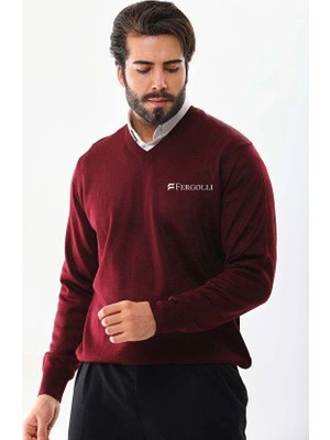Velmora Fashion Baskılı V Yaka Uzun Kol Dokuma Triko - Bordo
