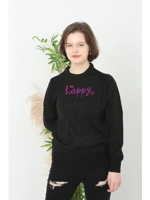 Velmora Fashion Baskılı Uzun Kol Yarım Boğazlı Dokuma Triko - Siyah