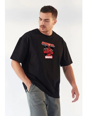 Velmora Fashion Bisiklet Yaka Baskılı Oversize T-Shirt - Siyah -