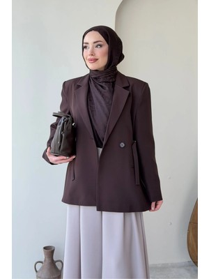 Tesettür Diyarı Kayle Kuşaklı Blazer Tesettür Ceket- Acı Kahve Standart (36-42 Beden Uyumlu)