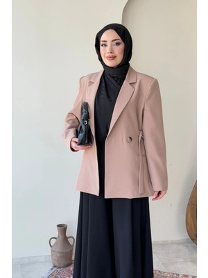 Tesettür Diyarı Kayle Kuşaklı Blazer Tesettür Ceket- Camel Standart (36-42 Beden Uyumlu)