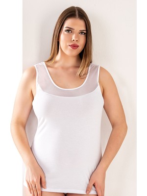 Özkan Underwear Özkan 20575-BB Beyaz Kadın  Büyük Beden Pamuklu Likralı Tül Detaylı Kalın Askılı Havuz Yaka Atlet