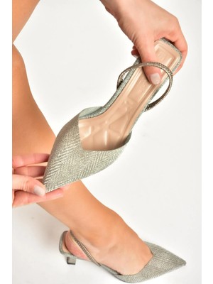 Fox Shoes Y820444214 Platin Simli Sivri Burun Kadın Topuklu Ayakkabı