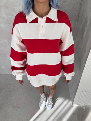 Velmora Fashion Üç Iplik Parçalı Yakalı Sweatshirt - Kırmızı -
