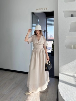 Velmora Fashion Kısa Kollu Uzun Elbise - Kırık Beyaz -
