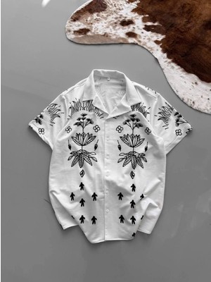 Velmora Fashion Iki Iplik Kumaş Baskılı Gömlek - Beyaz -