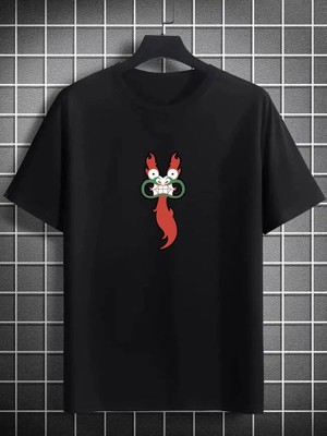 Velmora Fashion Bisiklet Yaka Baskılı Oversize T-Shirt - Siyah -